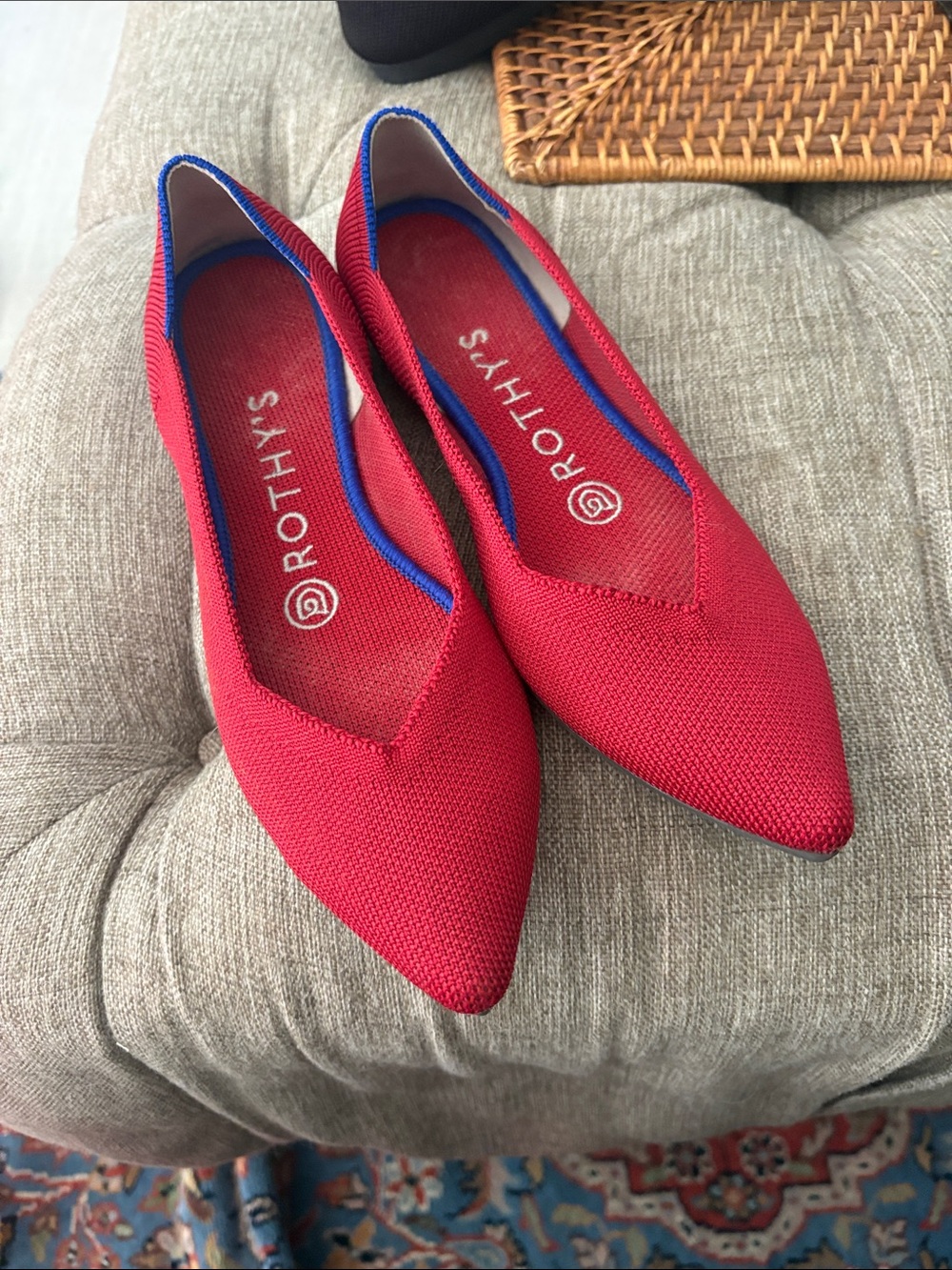 Rothy's Red Pointed Knit Flat with Blue Trim